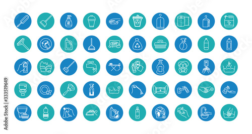 cleaning tools icon set, block style