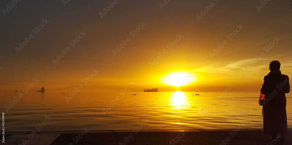 Golden sunset over the sea in Thessaloniki  - Greece
