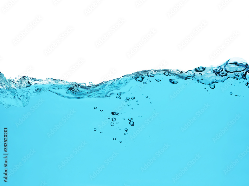 blue water surface with splash, waves and air bubbles on white background	
