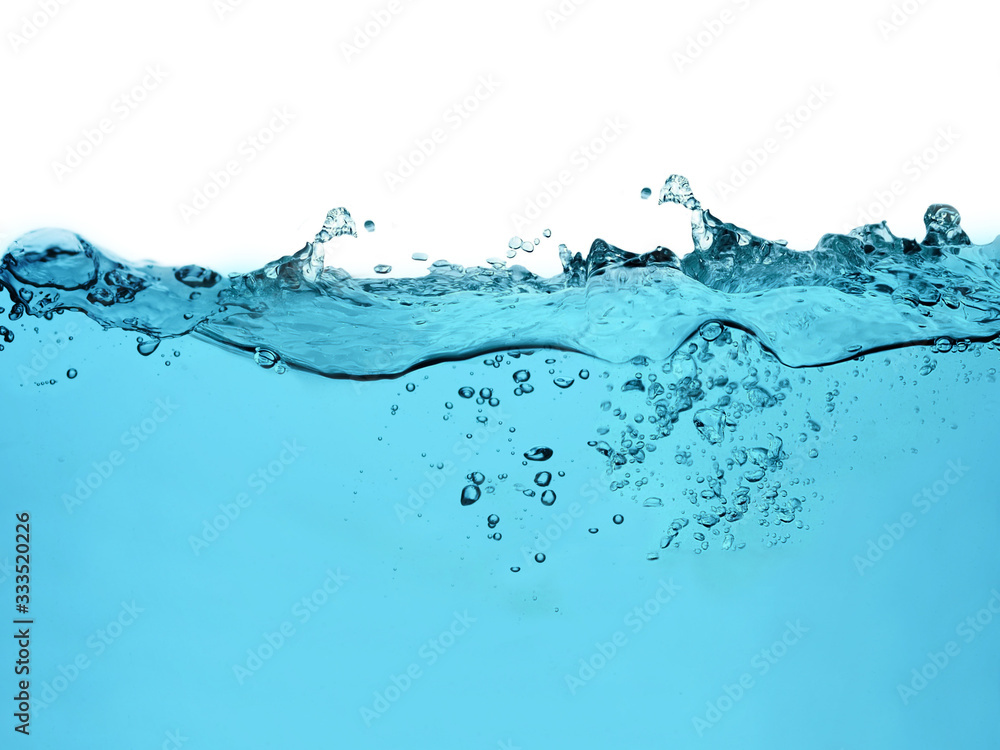 blue water surface with splash, waves and air bubbles on white background blue water surface with splash, waves and air bubbles on white background