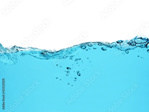 blue water surface with splash  waves and air bubbles on white background 