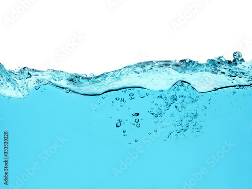blue water surface with splash, waves and air bubbles on white background 