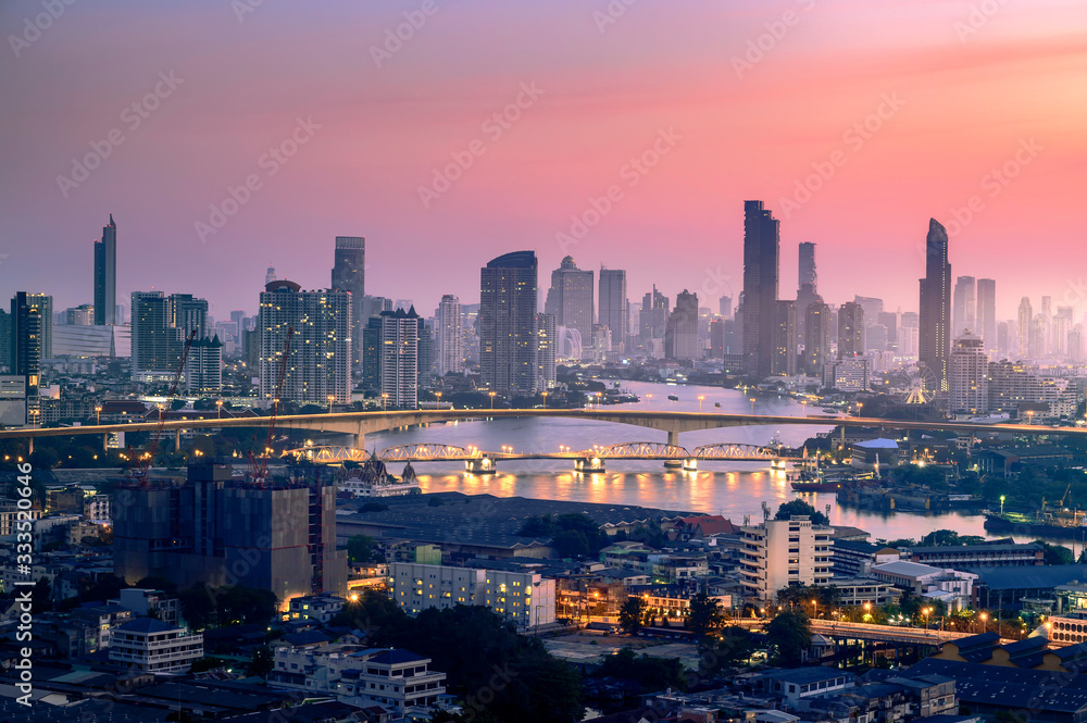  Views of bangkok city Aerial view of modern business buildings around the Chao Phraya River in Thailand at sunrise