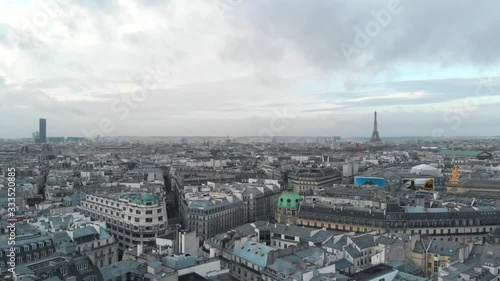 Paris City Neighborhood With Empty Streets And No People due to quarantine by coronavirus. Aerial shot. Grey sky