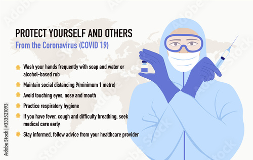 Illustration of Coronavirus COVID-19 outbreak concept. An asian women in a protective suit and mask holds an injection syringe and vaccine. Protect yourself and others From the Coronavirus (COVID 19)