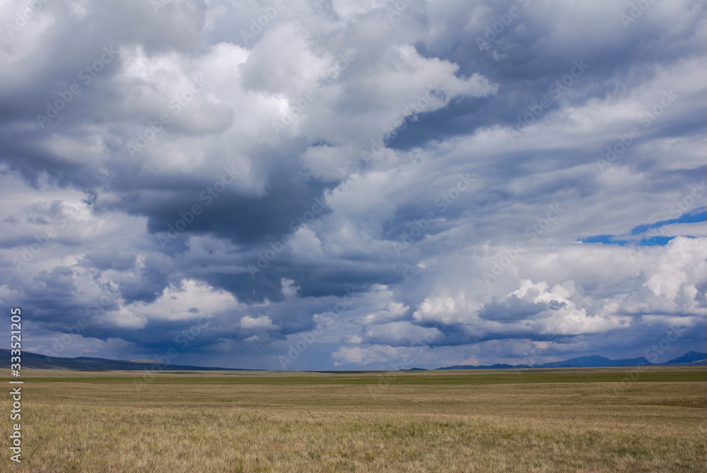 Vast Kyrgyz steppe, near Songkol lake. Dramatic sky with epic clouds. Kyrgyzstan.