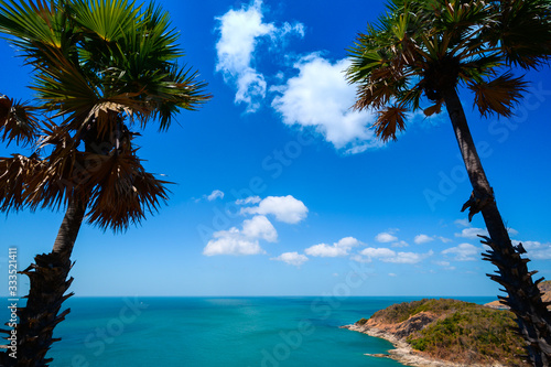 View of the sea  blue sky and palm trees at Promthep Cape in Phuket  southern Thailand.