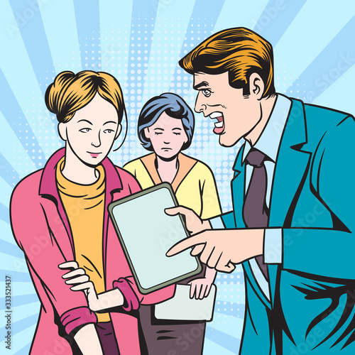 They work late. And frequent mistakes The boss is not happy.Pop art retro vector illustration kitsch vintage