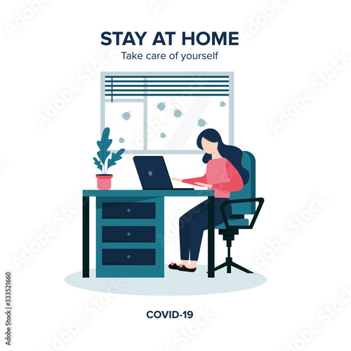 Home Quarantine illustration. Corona virus - staying and working at home. Young girl working from home during Covid-19.Self-isolation shield  from coronavirus.Remote work from home during Quarantine.