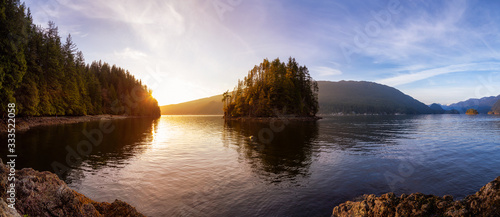 Fototapeta Naklejka Na Ścianę i Meble -  Beautiful Panoramic View of the Canadian Landscape during a vibrant winter sunset. Hike on Jug Island Trail in Belcarra, Vancouver, British Columbia, Canada. Nature Panorama Background