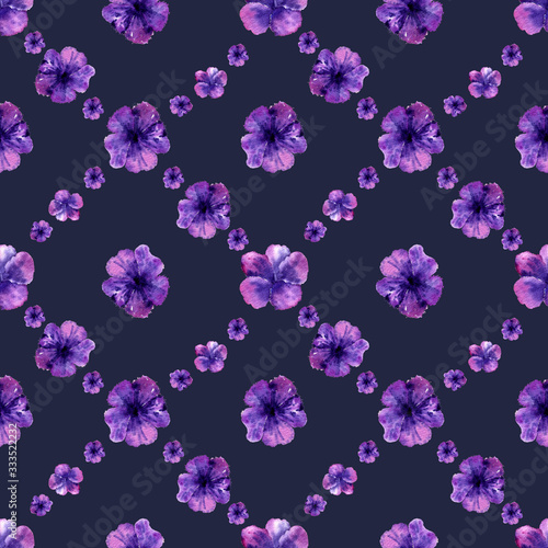 Seamless pattern of watercolor purple flowers. Dark purple background  © Елена Попова