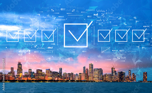 Checklist concept with downtown Chicago cityscape skyline with Lake Michigan
