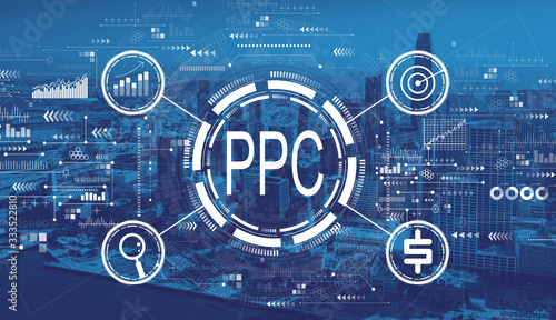 PPC - Pay per click concept with downtown San Francisco skyline buildings