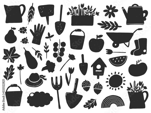 Hand drawn grunge style gardening equipment set. Garden symbols doodle style tools collection. Farm vector elements. Garden sketch silhouettes.