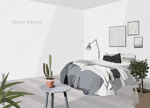 Scandinavian style bedroom vector illustration, modern interior