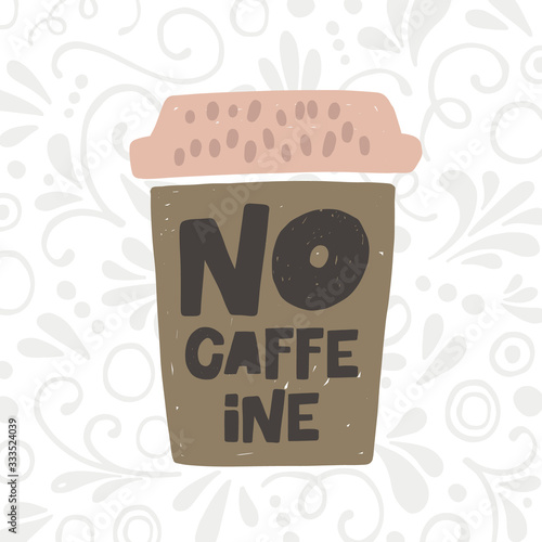 Decaf hand drawn illustration with typography. Decaffeinated coffee cup silhouette with steam spires. Grunge style black lettering with ink drops. Restaurant coffee card, poster design element