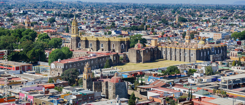 Aerial view cityscape of Cholula with Capilla Real o de Naturales
