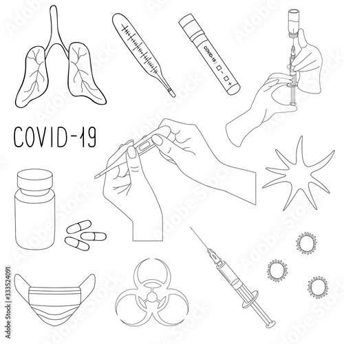 Set of vector illustrations on a medical theme. Coronavirus infection COVID-19. Coloring book for children and adults. Contour on an isolated background. Lettering. Doodle style. Sketch. Idea for book