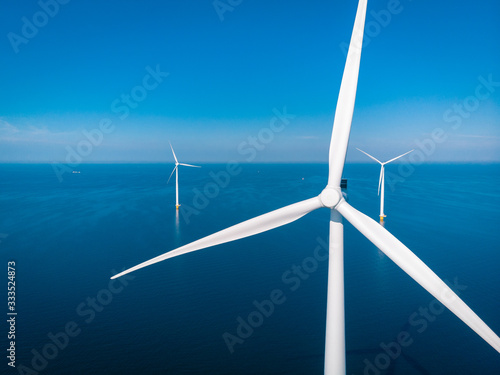 Wind turbine from aerial view, Drone view at windpark westermeerdijk a windmill farm in the lake IJsselmeer the biggest in the Netherlands,Sustainable development, renewable energy photo