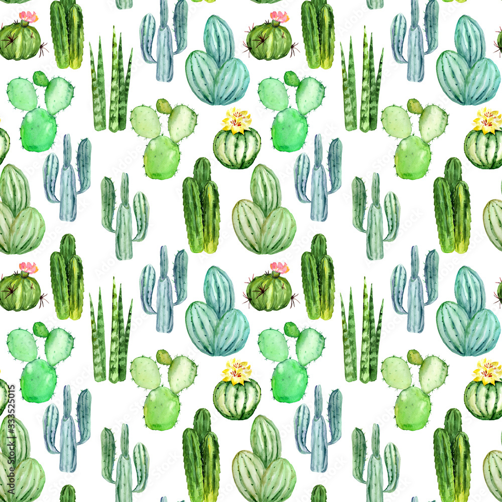 Obraz Watercolor cactus seamless pattern background. Artwork hand-drawn painted.