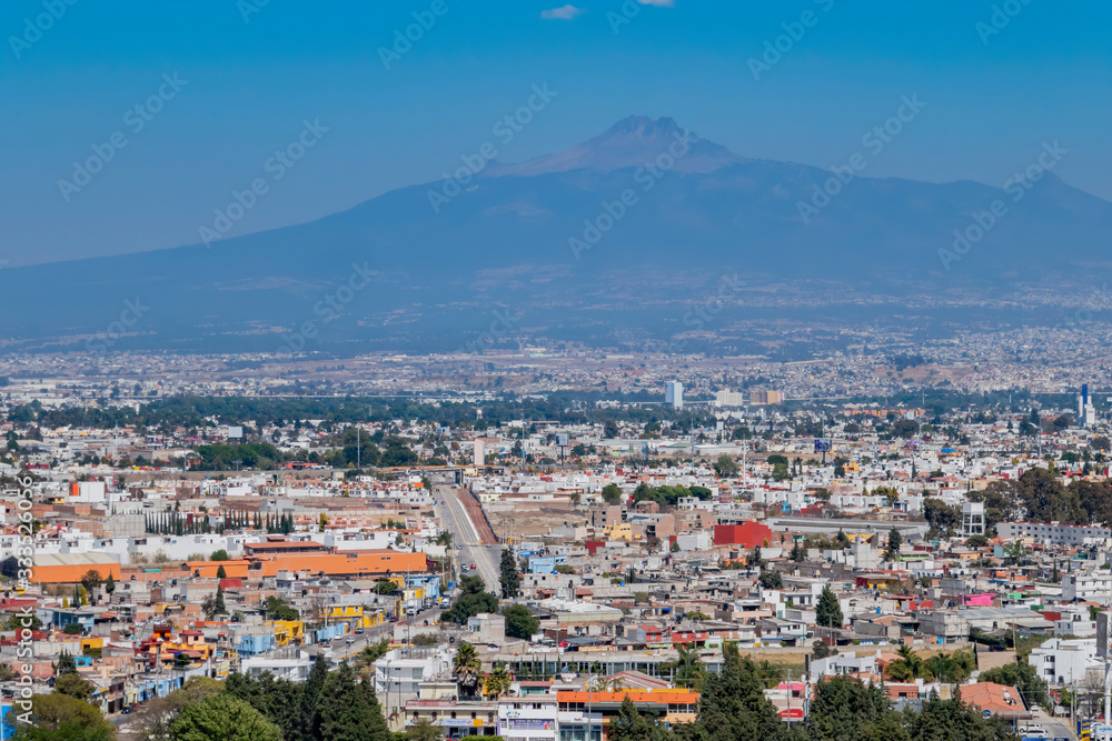 Aerial view cityscape of Cholula with Mountain La Malinche