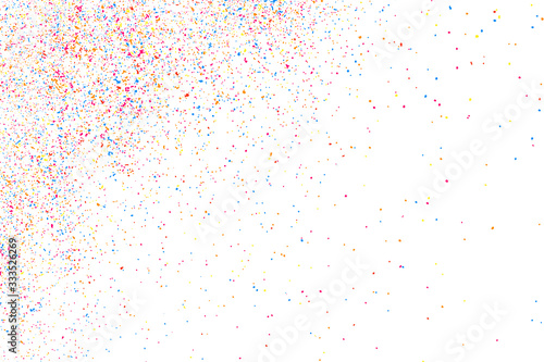 Abstract explosion of confetti. Colorful grainy texture isolated on white background. Colored stains and blots. Vector overlay elements. Digitally Generated Image. Illustration, Eps 10.
