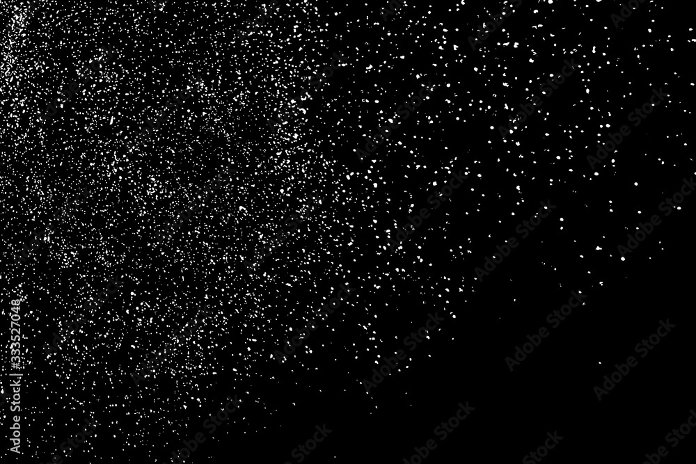 Obraz premium White grainy texture isolated on black background. Dust overlay. Noise granules. Snow vector elements. Digitally generated image. Illustration, EPS 10.