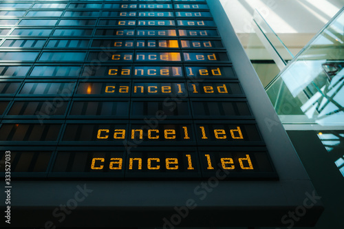 Cancelled flights are shown on display panel at Berlin-Tegel Airport, Berlin, Germany