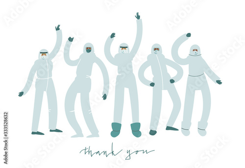 Group of medical professionals in protection suits doing various funny poses for celebration. Vector art in minimal style.