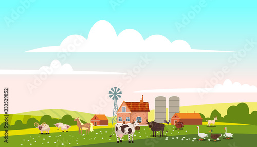 Lovely Countryside landscape village farm green hills fields, nature, bright color blue sky. Spring, summer country scenery panorama agriculture, farming. Vector illustration cartoon style isolated