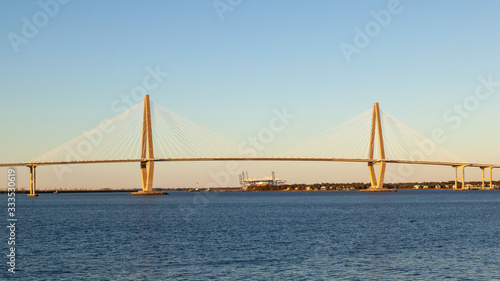 Charleston  South Carolina  USA - February 27  2020  Arthur Ravenel Jr. Bridge   a cable-stayed bridge over the Cooper River in Sunset   in South Carolina  USA. 