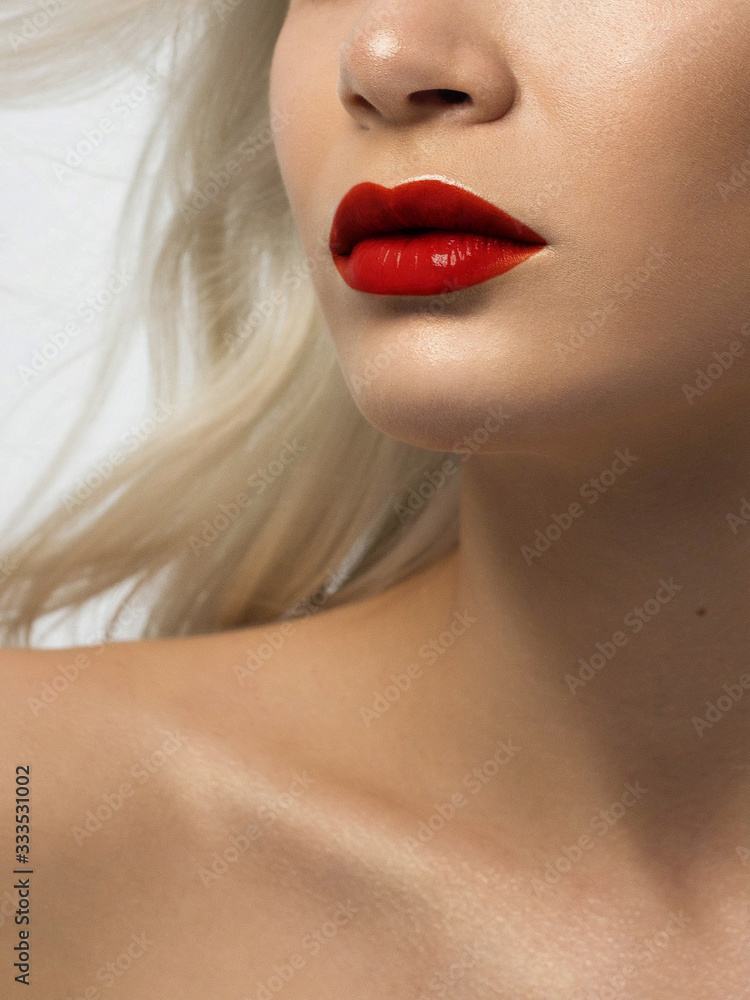 Closeup plump Lips. Lip Care, Fillers. Macro photo with Face detail. Natural shape with perfect contour. Close-up perfect natural lip makeup beautiful female mouth. Plump sexy full red lips Closeup plump Lips. Lip Care, Fillers. Macro photo with Face detail. Natural shape with perfect contour. Close-up perfect natural lip makeup beautiful female mouth. Plump sexy full red lips