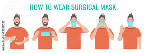 Infographic about how to wear surgical mask correct. Prevent virus. Vector illustration in cartoon style.