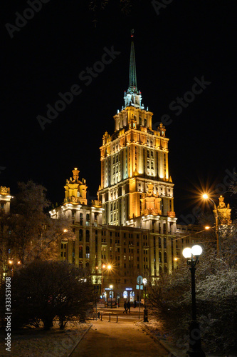 View from the Ukrainian boulevard to the building of the hotel "Ukraine", Moscow, Russian Federation, January 11, 2020