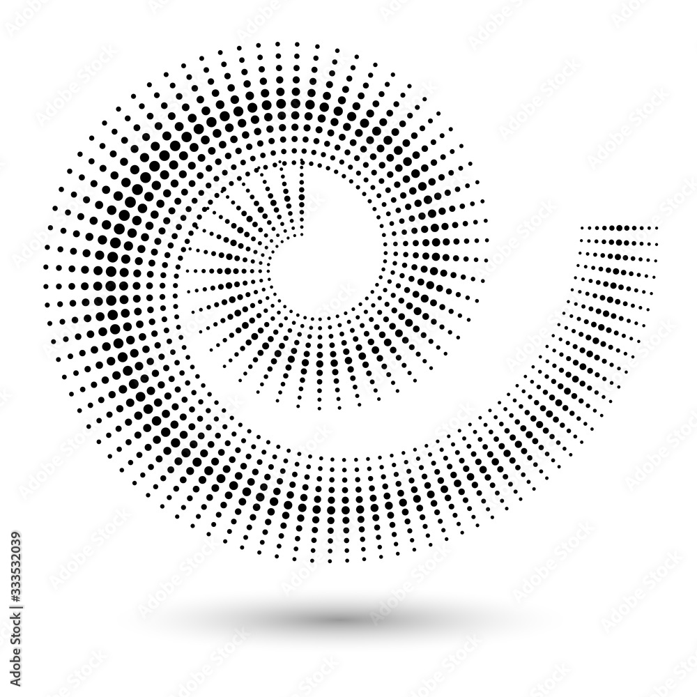 Halftone spiral as icon or background. Black abstract vector circle frame with dots as logo or emblem.