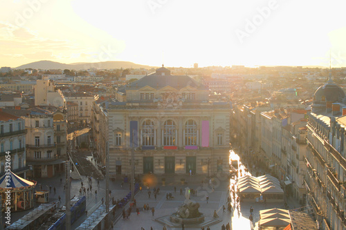Opera and the three graces fountain in comedy square in Montpellier, France