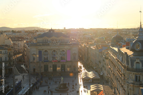 Opera and the three graces fountain in comedy square in Montpellier, France