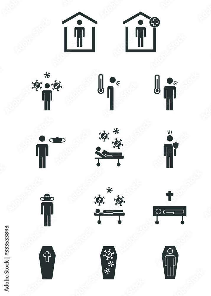 Coronavirus symbols for statistics with regard to people avoiding it, being infected by it, cured or dead. Coronavirus symbols for statistics with regard to people avoiding it, being infected by it, cured or dead.