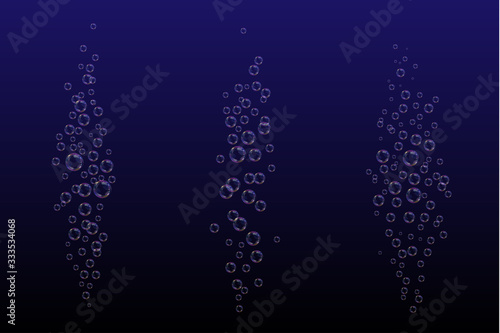 Underwater fizzing air bubbles stream on dark blue background. Fizzy sparkles in water, sea, aquarium. Soda pop. Champagne. Effervescent drink. Undersea vector texture.