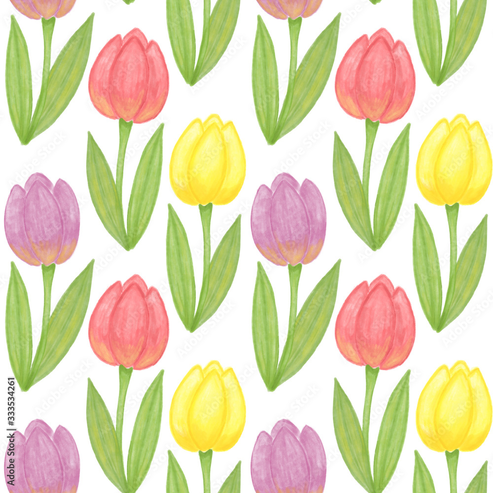Hand drawn tulips seamless pattern, floral wall paper, scrapbooking, flowers design 