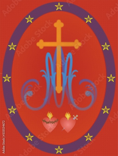 Religious medal of the Immaculate Conception, in half-tone effect, monogram M with the Cross, symbols of two hearts, flames, surrounded by stars