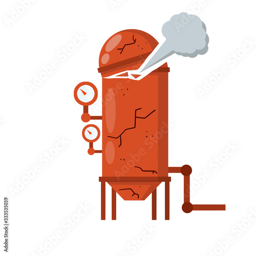 Accident, explosion and smoke. Overloaded steam boiler. Boiler for heating water. Red tank with pipe and dial. Element of house, bath and toilet system. Cartoon flat illustration.