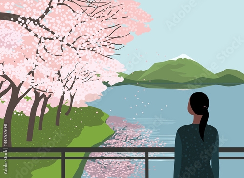 Cherry blossoms at river enjoy flat vector poster