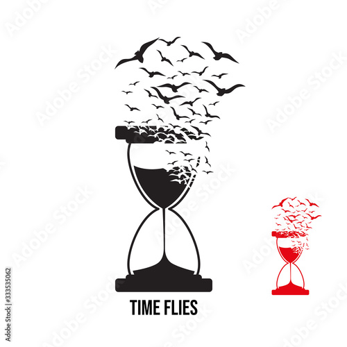Hourglass with the effect of destruction. Dispersion. Birds