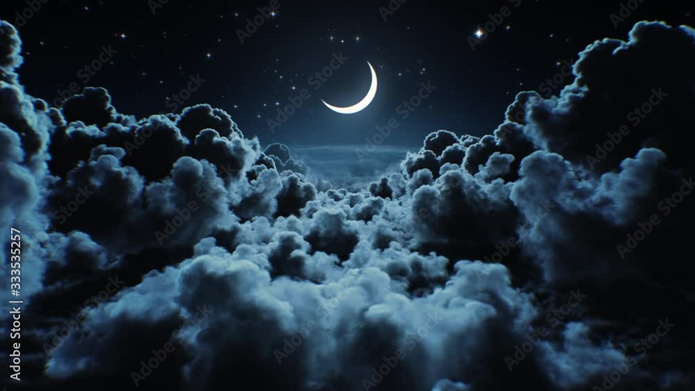 Beautiful Moon in the Skies. Flying Over the Infinite Clouds with the Night Moon Shining Seamless. Looped 3d Animation with Moonlight Over the Horizon. 4k Ultra HD 3840x2160