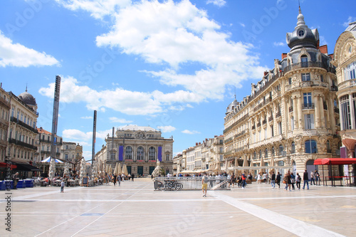 Comedy square in Montpellier, its opera and the three graces fountain, France