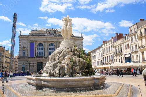Comedy square in Montpellier, its opera and the three graces fountain, France