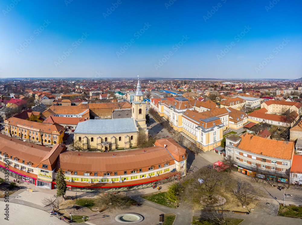 Naklejka premium Day view from above on Beregovo. Central square. Ukraine.