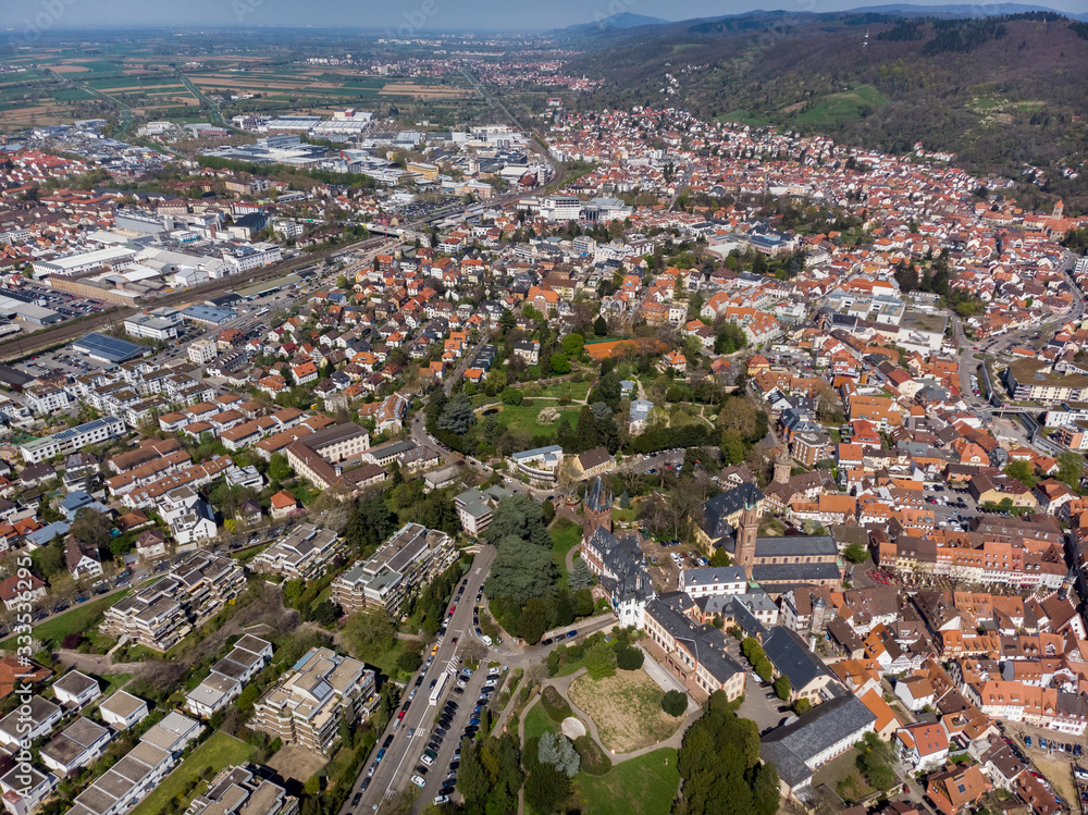 Beautiful flight over the fortress and park in the center of Weinheim. Germany.