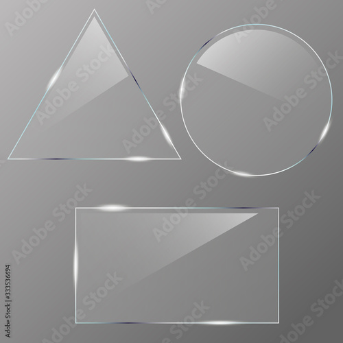 Set of realistic glass. Realistic clear glass in rectangle, triangle and circle frame. Clear glas s showcase. Empty realistic acrylic plates. Acrylic and plexiglass texture with glares and light. 